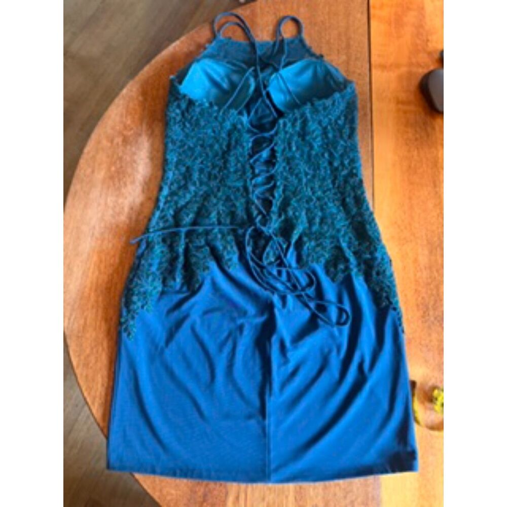 Narianna Teal Lace Beaded Corset Back Bodycon Mini Dress Size L